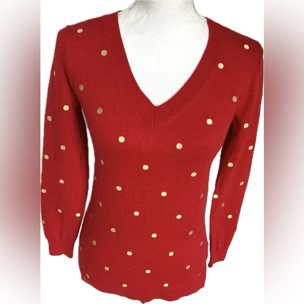 J. Crew Pullover Sweater Metallic Polka Dots Contrasting Color Red Wool Blend L